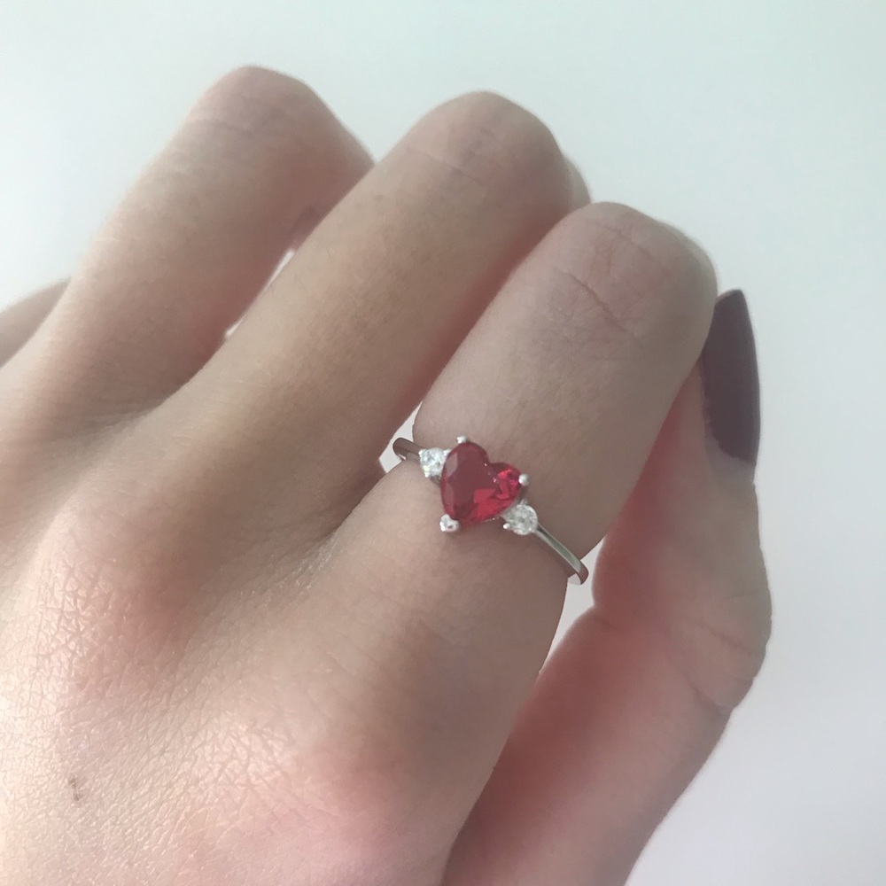 .925 Sterling Silver Red Ruby Heart Ring - Picture 3 of 7